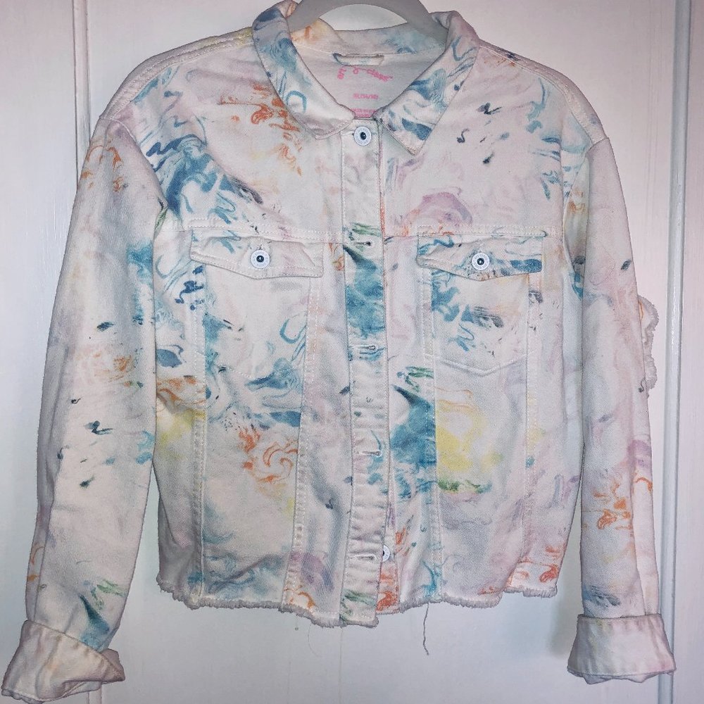 White Denim Jacket with ruffle paint-swirl details